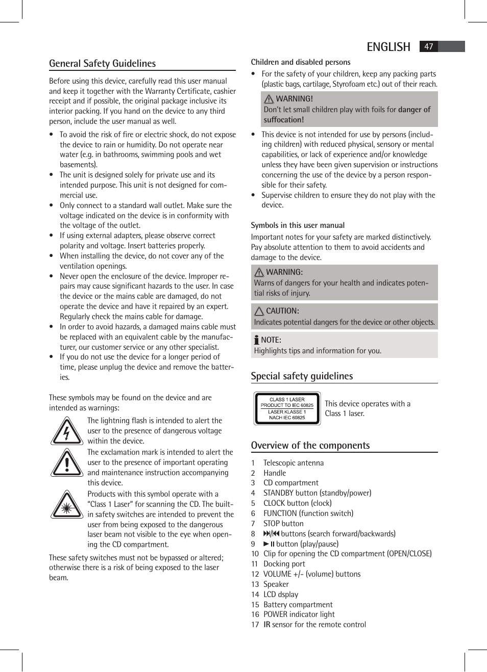 English, General safety guidelines, Special safety guidelines | Overview of the components | AEG SR 4337 iP User Manual | Page 47 / 86