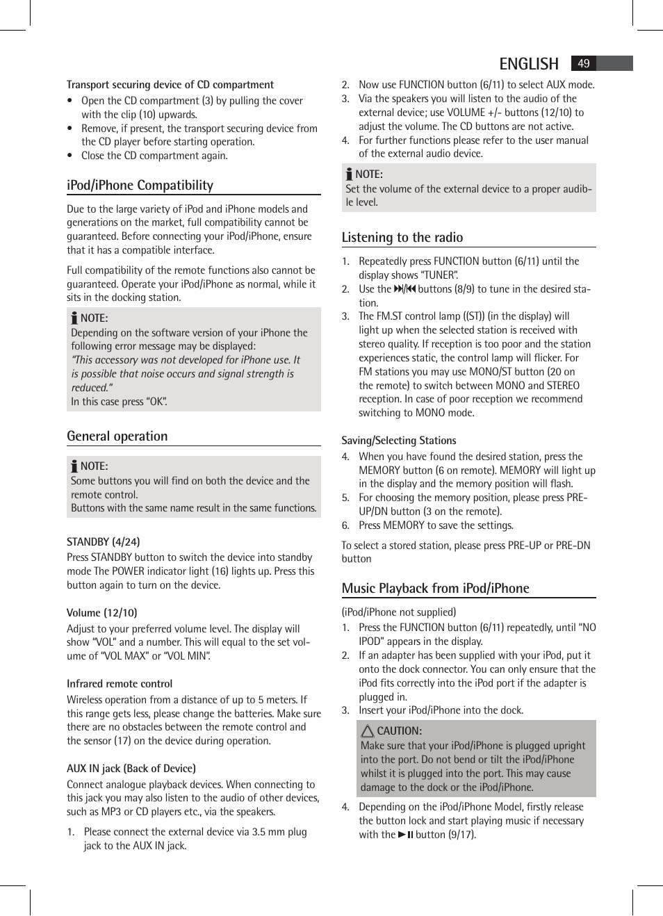 English, Ipod/iphone compatibility, General operation | Listening to the radio, Music playback from ipod/iphone | AEG SR 4337 iP User Manual | Page 49 / 86