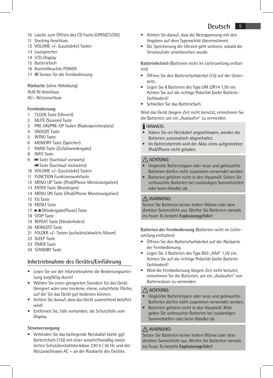 Deutsch, Inbetriebnahme des gerätes/einführung | AEG SR 4337 iP User Manual | Page 5 / 86
