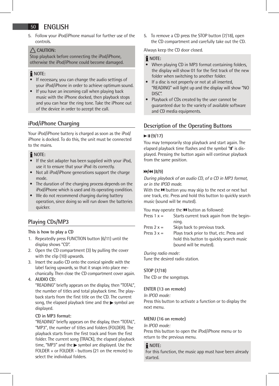 English, Ipod/iphone charging, Playing cds/mp3 | Description of the operating buttons | AEG SR 4337 iP User Manual | Page 50 / 86
