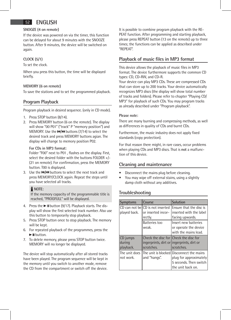 English, Program playback, Playback of music files in mp3 format | Cleaning and maintenance, Troubleshooting | AEG SR 4337 iP User Manual | Page 52 / 86