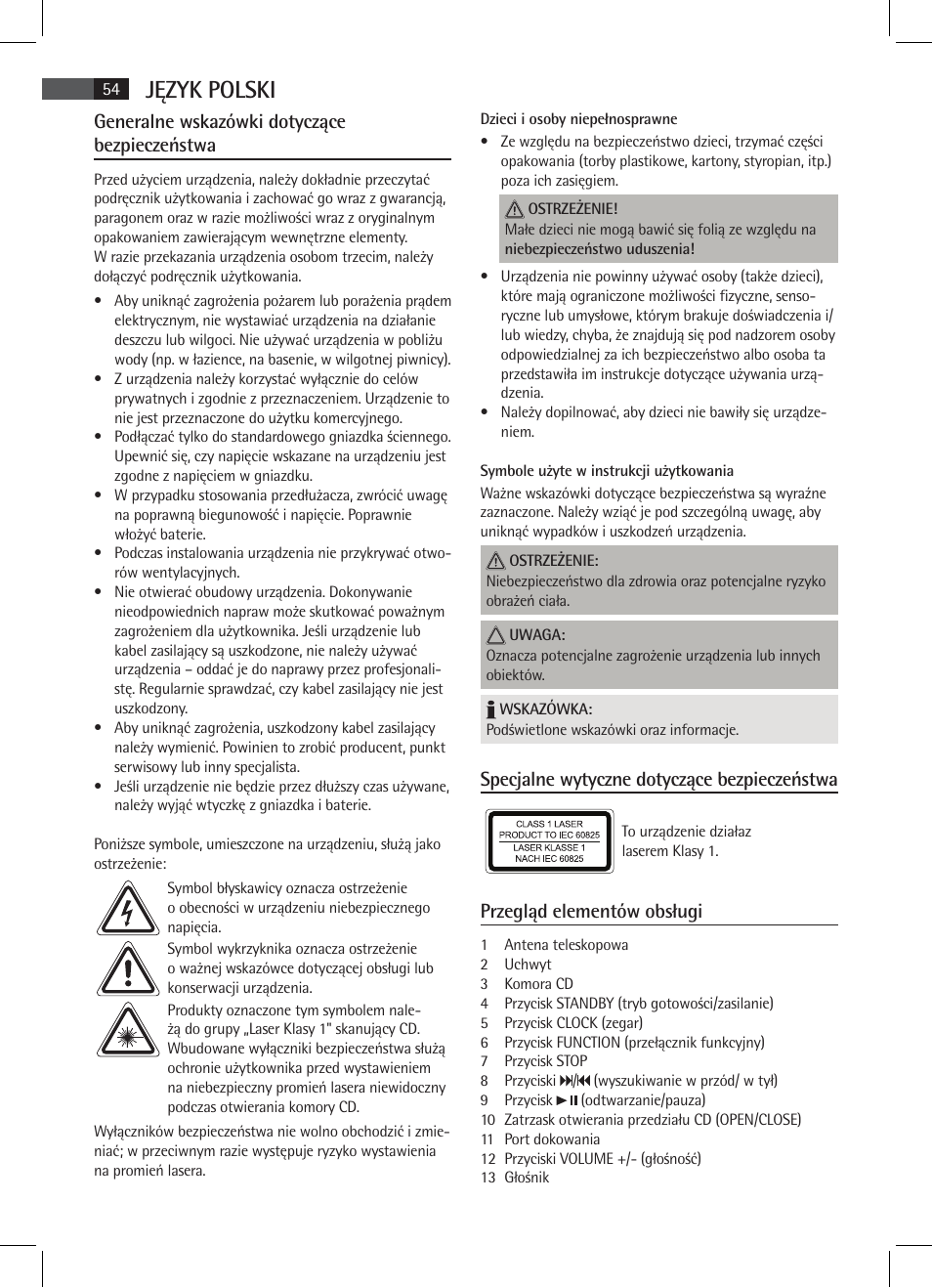 Język polski, Generalne wskazówki dotyczące bezpieczeństwa, Specjalne wytyczne dotyczące bezpieczeństwa | Przegląd elementów obsługi | AEG SR 4337 iP User Manual | Page 54 / 86