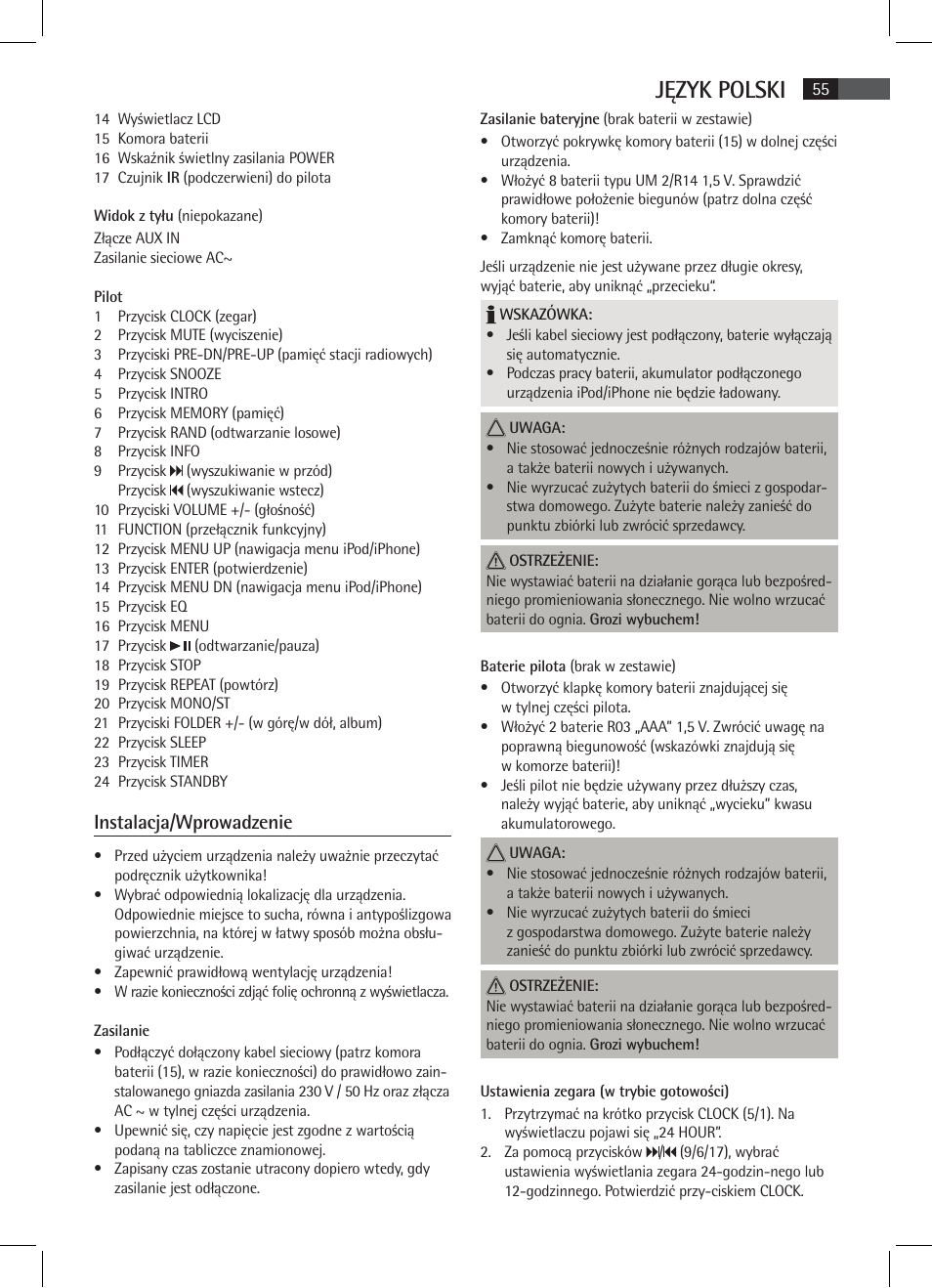 Język polski, Instalacja/wprowadzenie | AEG SR 4337 iP User Manual | Page 55 / 86