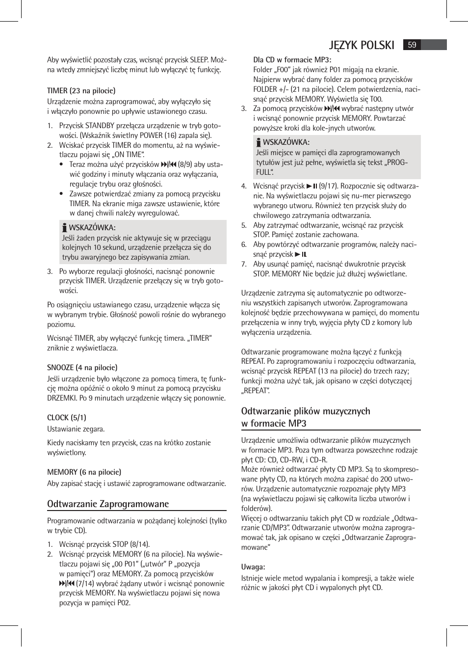 Język polski, Odtwarzanie zaprogramowane, Odtwarzanie plików muzycznych w formacie mp3 | AEG SR 4337 iP User Manual | Page 59 / 86