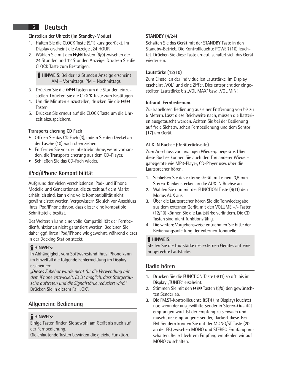 Deutsch, Ipod/iphone kompatibilität, Allgemeine bedienung | Radio hören | AEG SR 4337 iP User Manual | Page 6 / 86
