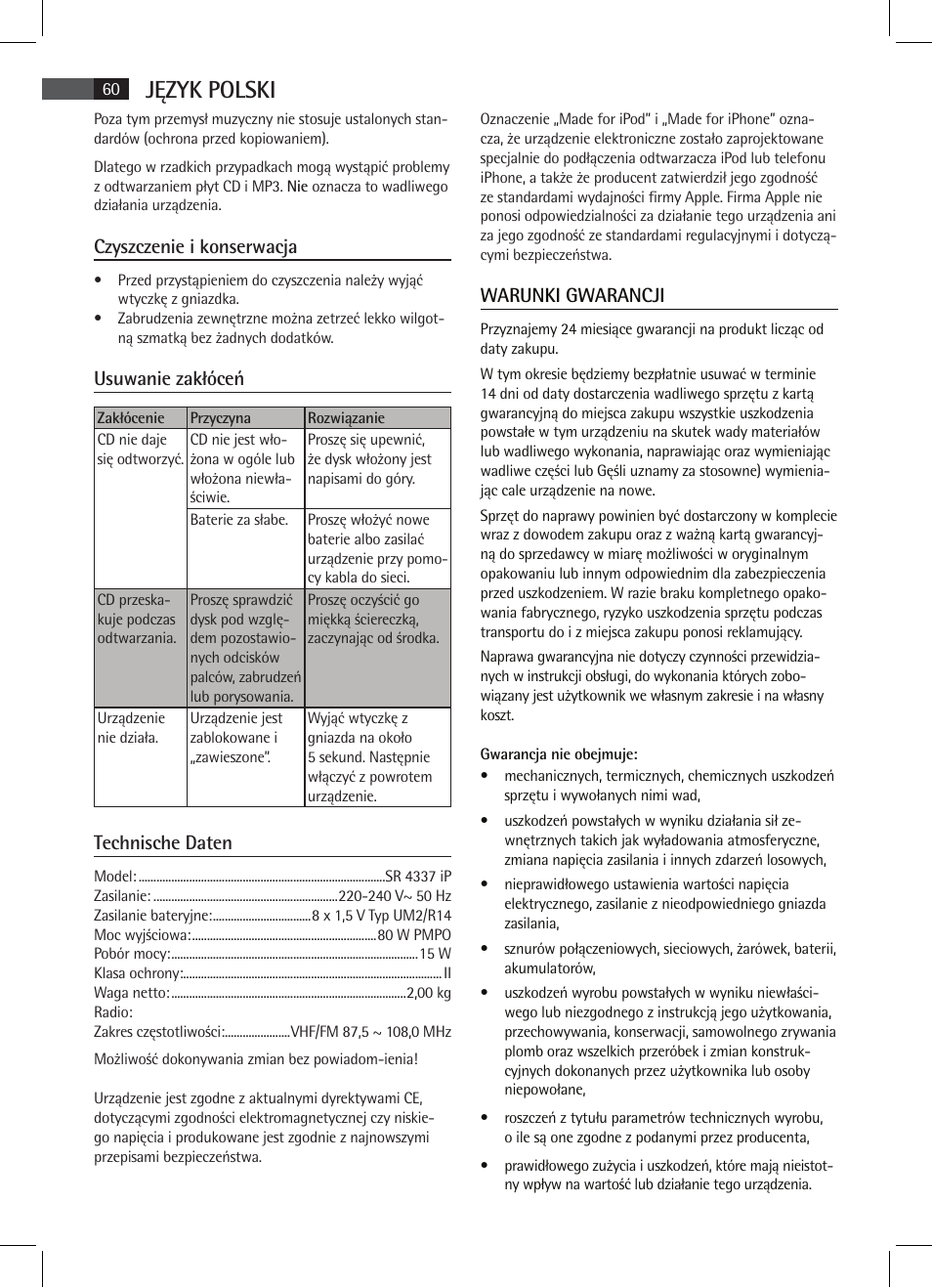Język polski, Czyszczenie i konserwacja, Usuwanie zakłóceń | Technische daten, Warunki gwarancji | AEG SR 4337 iP User Manual | Page 60 / 86