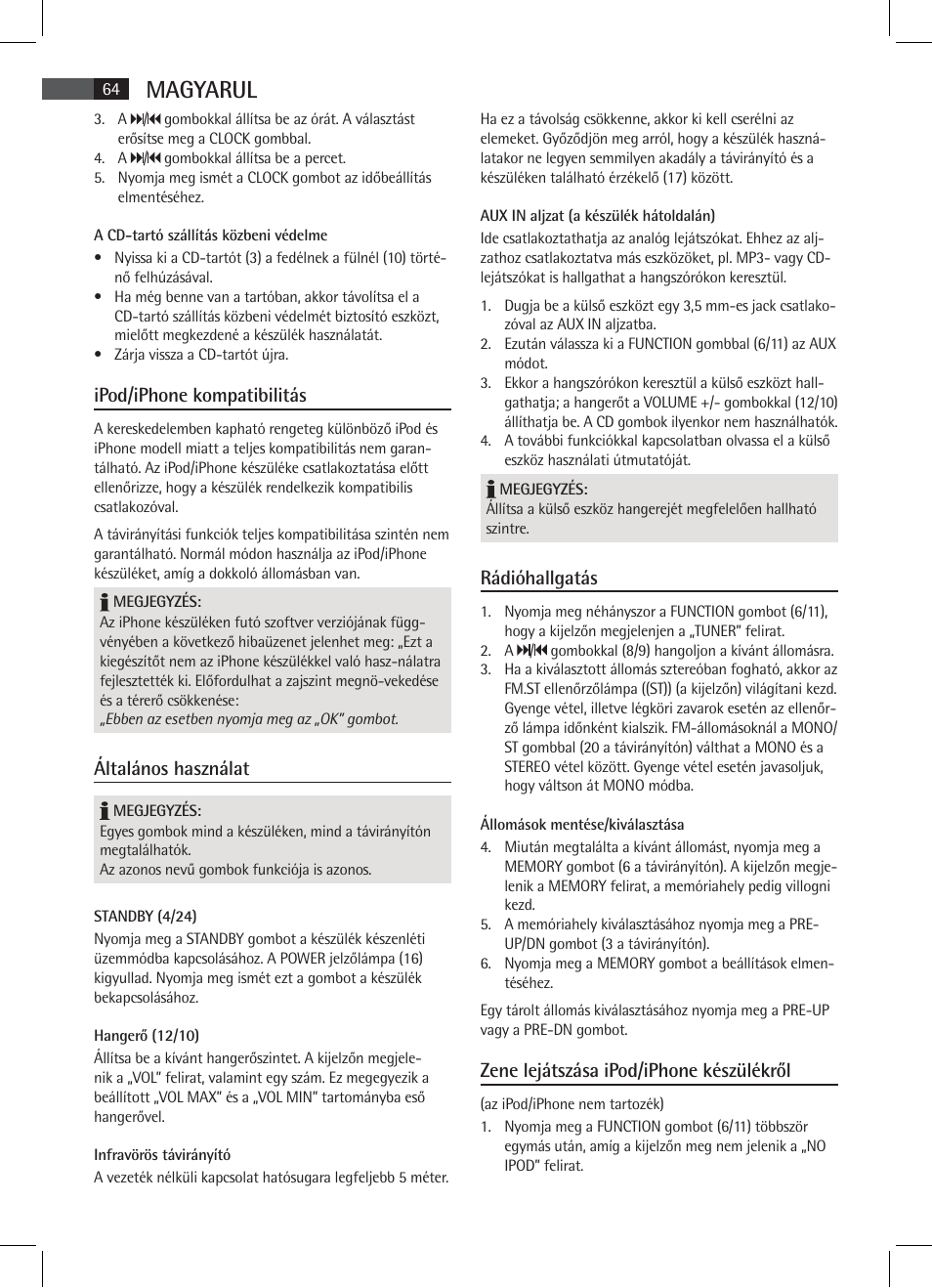 Magyarul, Ipod/iphone kompatibilitás, Általános használat | Rádióhallgatás, Zene lejátszása ipod/iphone készülékről | AEG SR 4337 iP User Manual | Page 64 / 86