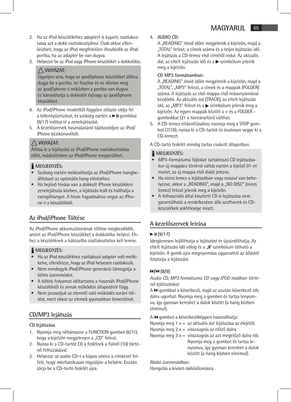 Magyarul, Az ipod/iphone töltése, Cd/mp3 lejátszás | A kezelőszervek leírása | AEG SR 4337 iP User Manual | Page 65 / 86