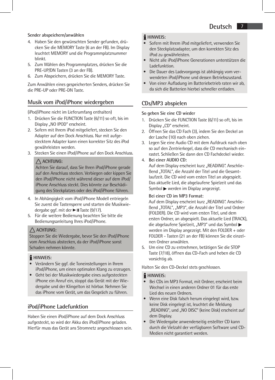 Deutsch, Musik vom ipod/iphone wiedergeben, Ipod/iphone ladefunktion | Cds/mp3 abspielen | AEG SR 4337 iP User Manual | Page 7 / 86