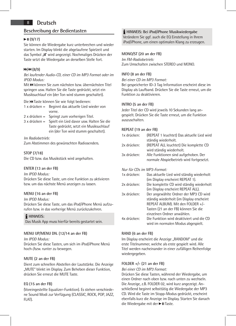 Deutsch, Beschreibung der bedientasten | AEG SR 4337 iP User Manual | Page 8 / 86