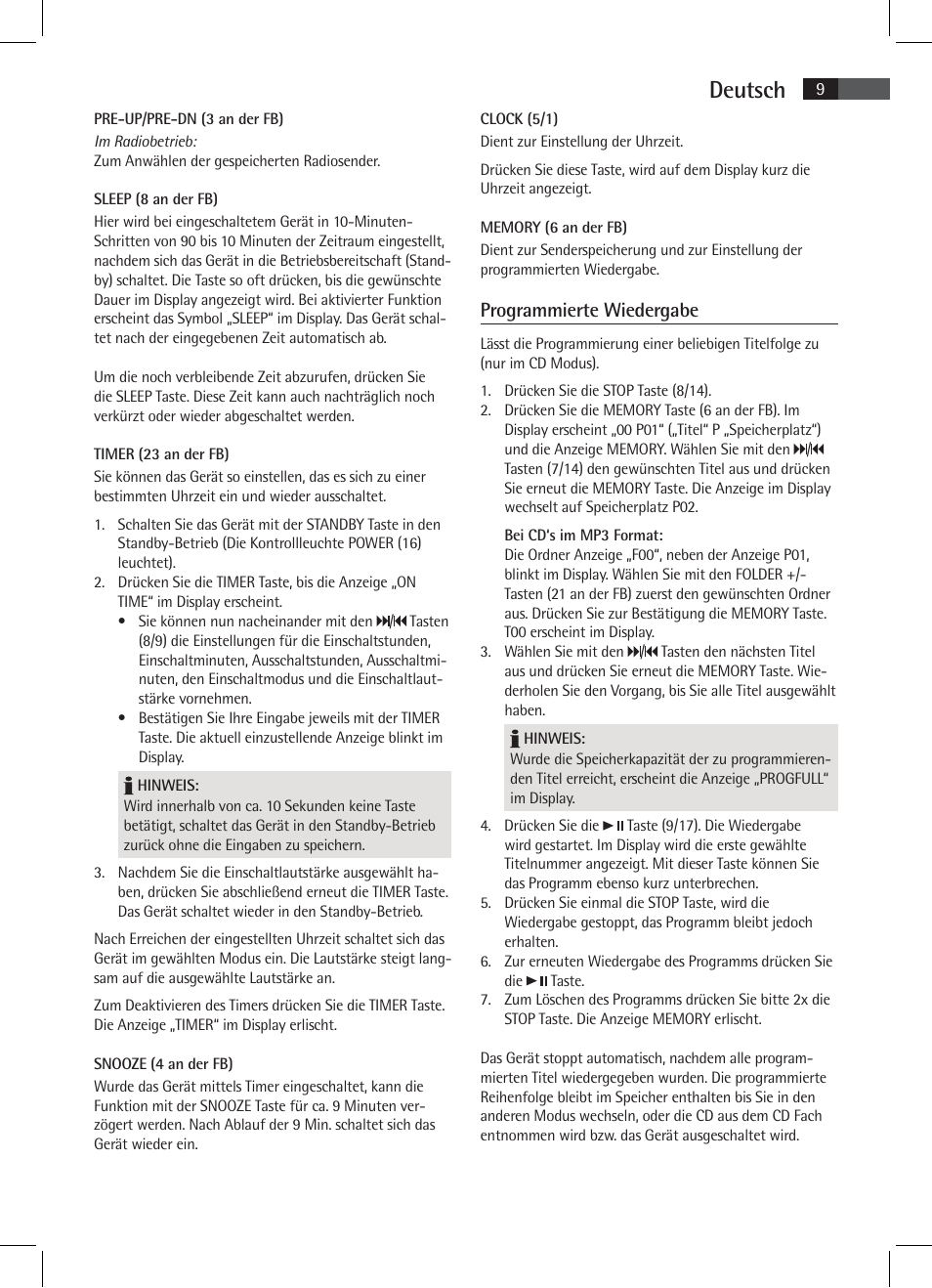 Deutsch, Programmierte wiedergabe | AEG SR 4337 iP User Manual | Page 9 / 86