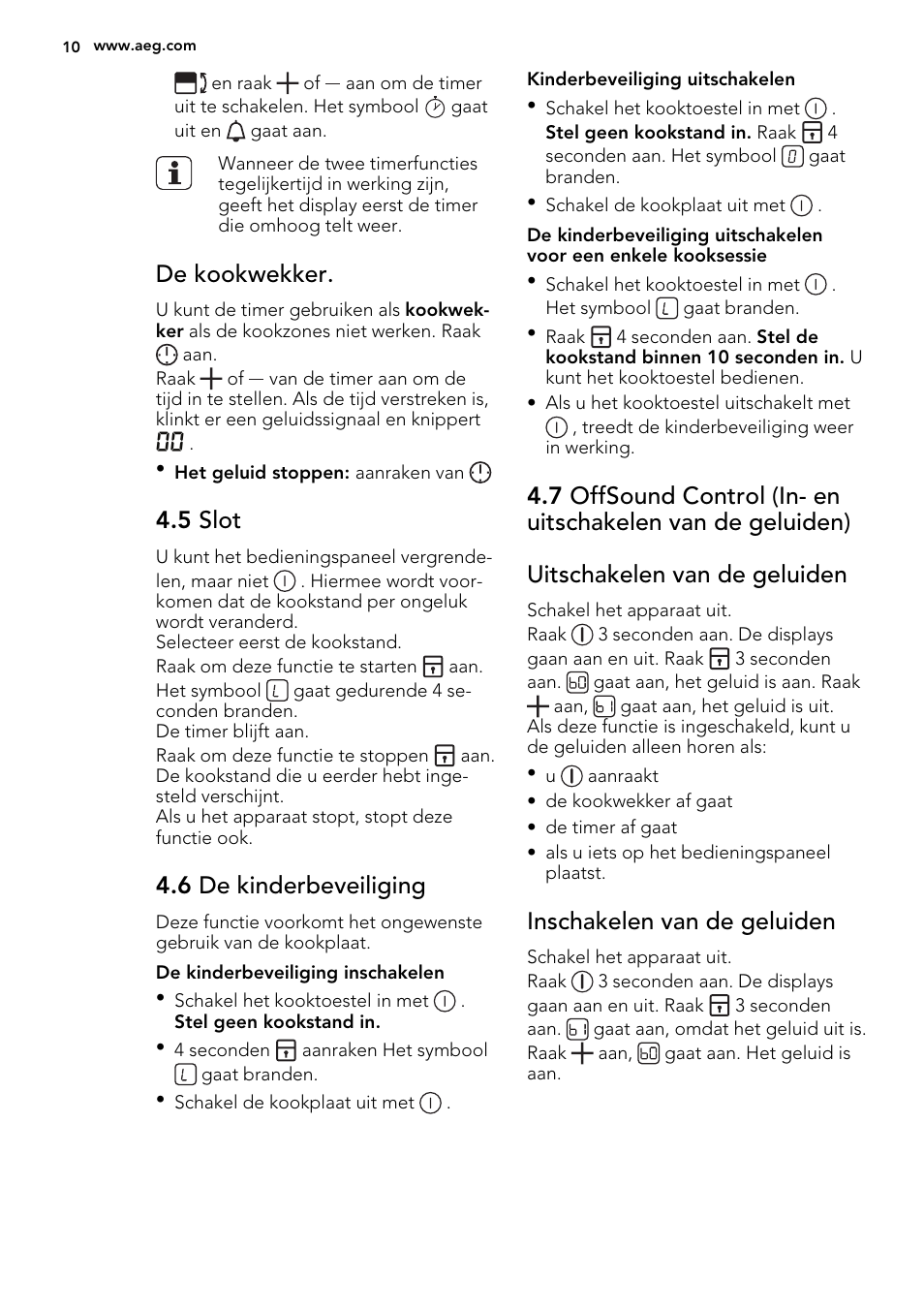 De kookwekker, 5 slot, 6 de kinderbeveiliging | Inschakelen van de geluiden | AEG HC452600EB User Manual | Page 10 / 76