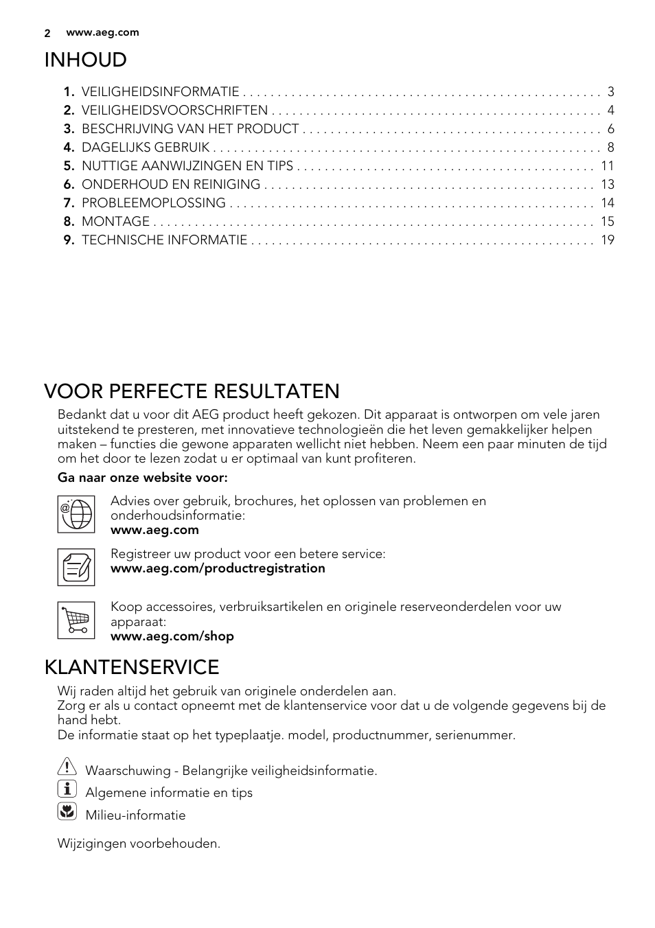 Inhoud, Voor perfecte resultaten, Klantenservice | AEG HC452600EB User Manual | Page 2 / 76