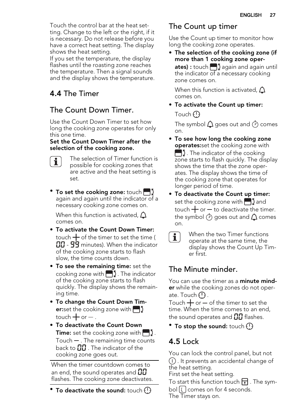 4 the timer the count down timer, The count up timer, The minute minder | 5 lock | AEG HC452600EB User Manual | Page 27 / 76