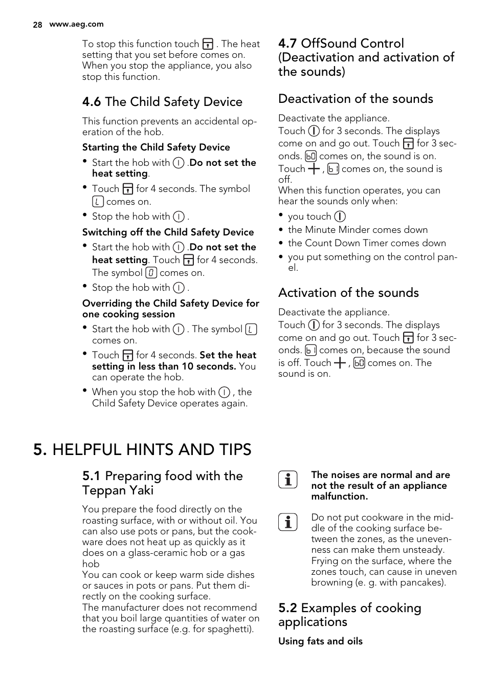 Helpful hints and tips, 6 the child safety device, Activation of the sounds | 1 preparing food with the teppan yaki, 2 examples of cooking applications | AEG HC452600EB User Manual | Page 28 / 76