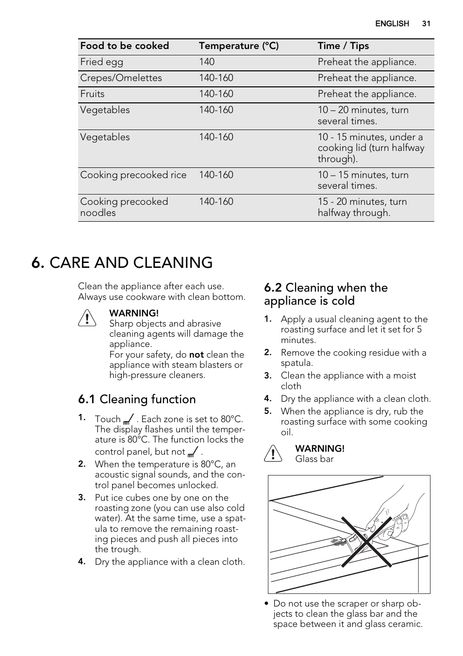 Care and cleaning, 1 cleaning function, 2 cleaning when the appliance is cold | AEG HC452600EB User Manual | Page 31 / 76