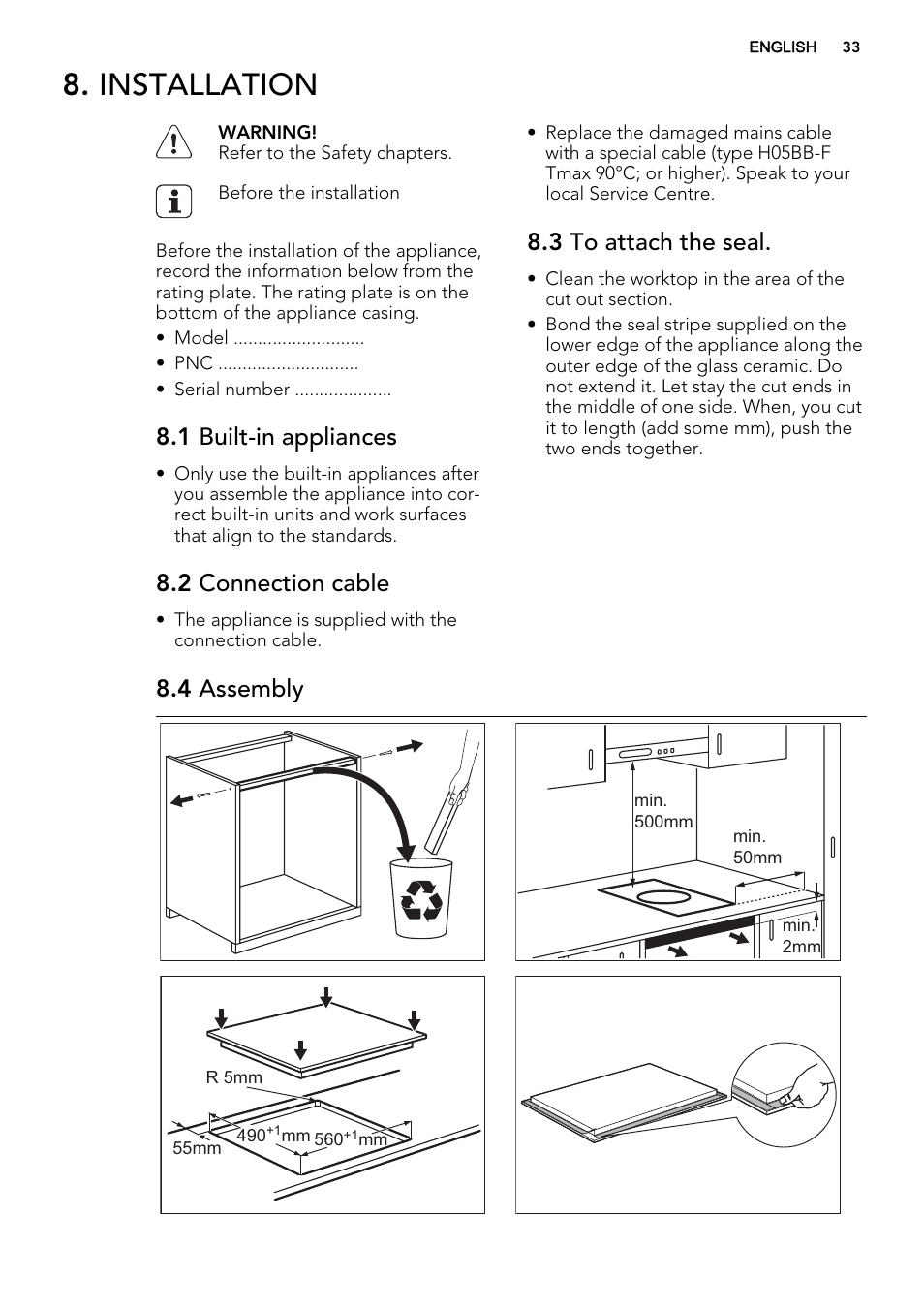 Installation, 1 built-in appliances, 2 connection cable | 3 to attach the seal, 4 assembly | AEG HC452600EB User Manual | Page 33 / 76