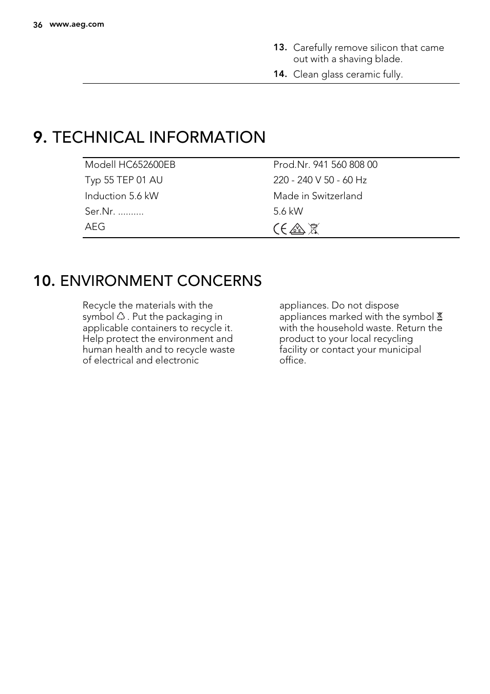 Technical information, Environment concerns | AEG HC452600EB User Manual | Page 36 / 76