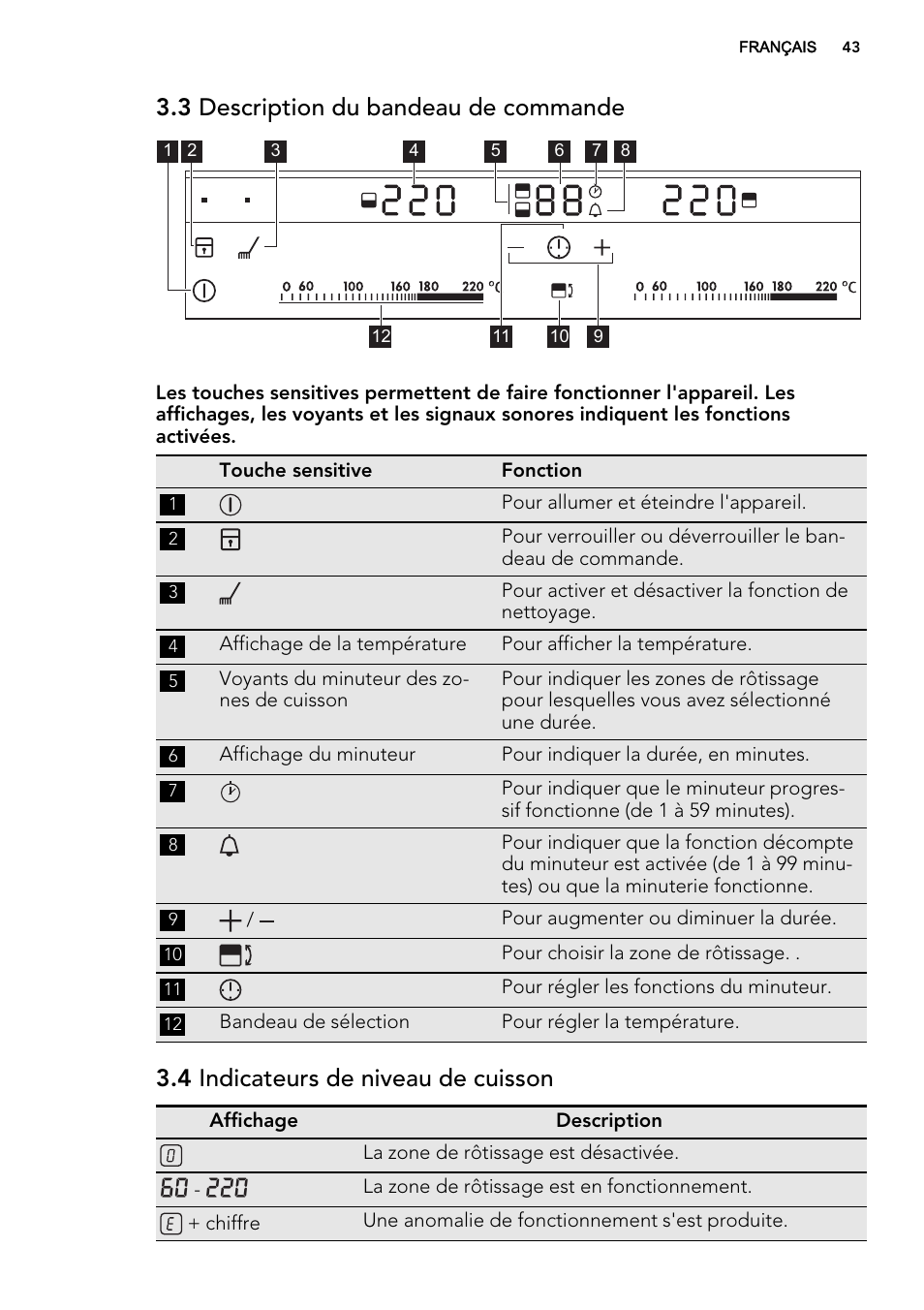 3 description du bandeau de commande, 4 indicateurs de niveau de cuisson | AEG HC452600EB User Manual | Page 43 / 76