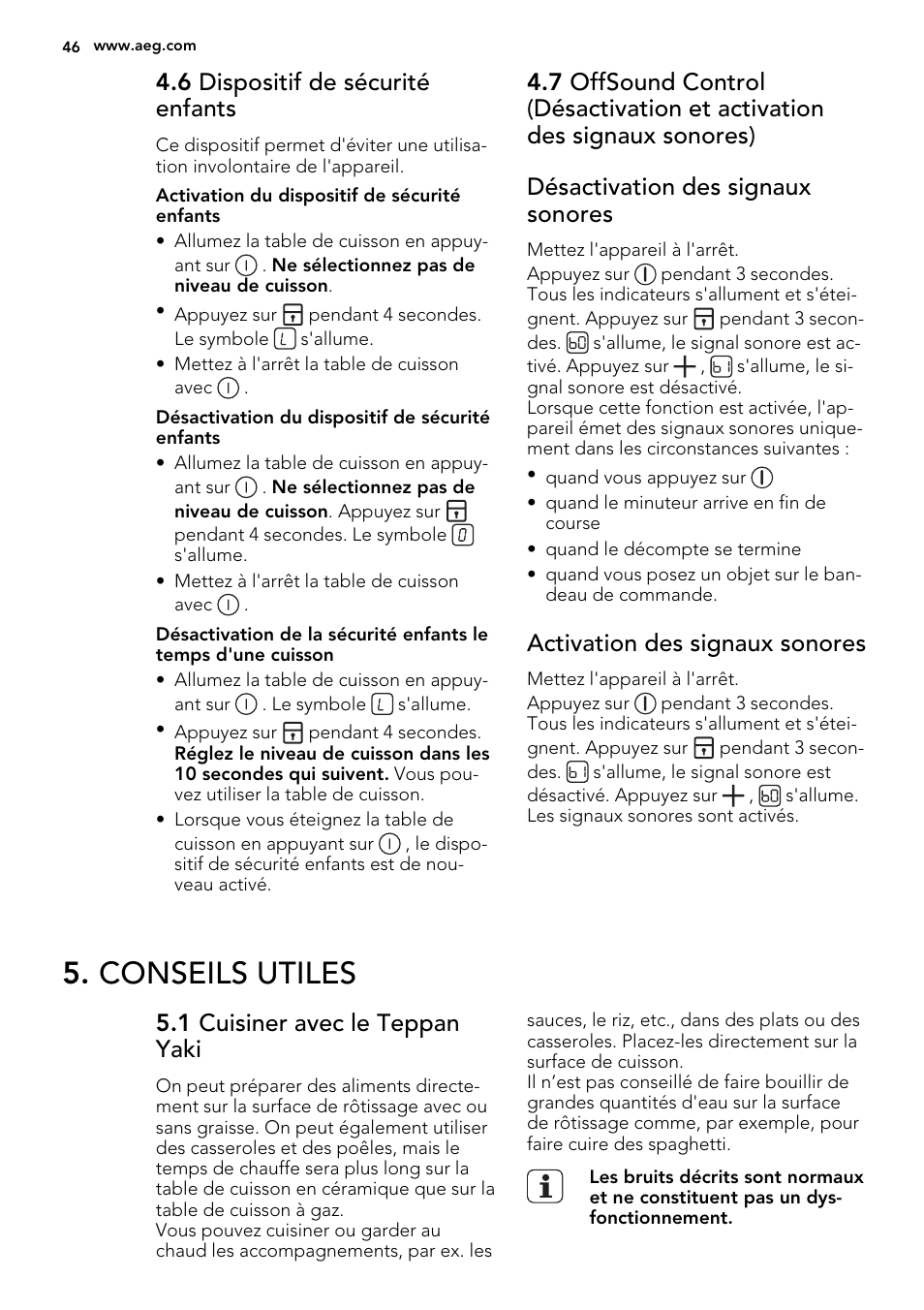 Conseils utiles, 6 dispositif de sécurité enfants, Activation des signaux sonores | 1 cuisiner avec le teppan yaki | AEG HC452600EB User Manual | Page 46 / 76