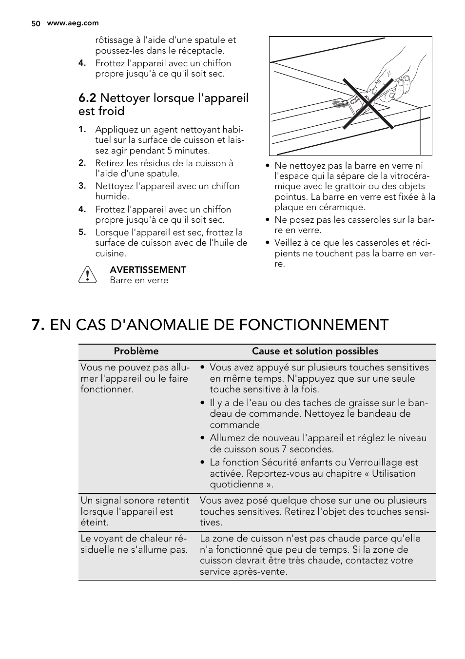 En cas d'anomalie de fonctionnement, 2 nettoyer lorsque l'appareil est froid | AEG HC452600EB User Manual | Page 50 / 76