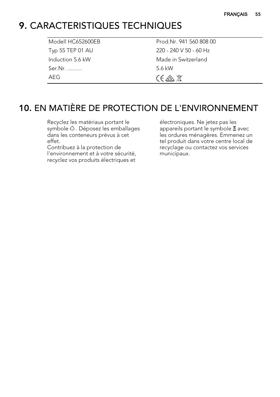 Caracteristiques techniques, En matière de protection de l'environnement | AEG HC452600EB User Manual | Page 55 / 76
