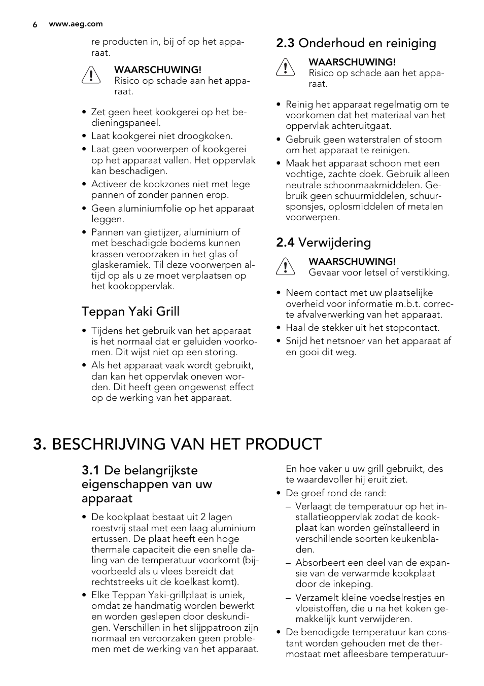 Beschrijving van het product, Teppan yaki grill, 3 onderhoud en reiniging | 4 verwijdering, 1 de belangrijkste eigenschappen van uw apparaat | AEG HC452600EB User Manual | Page 6 / 76