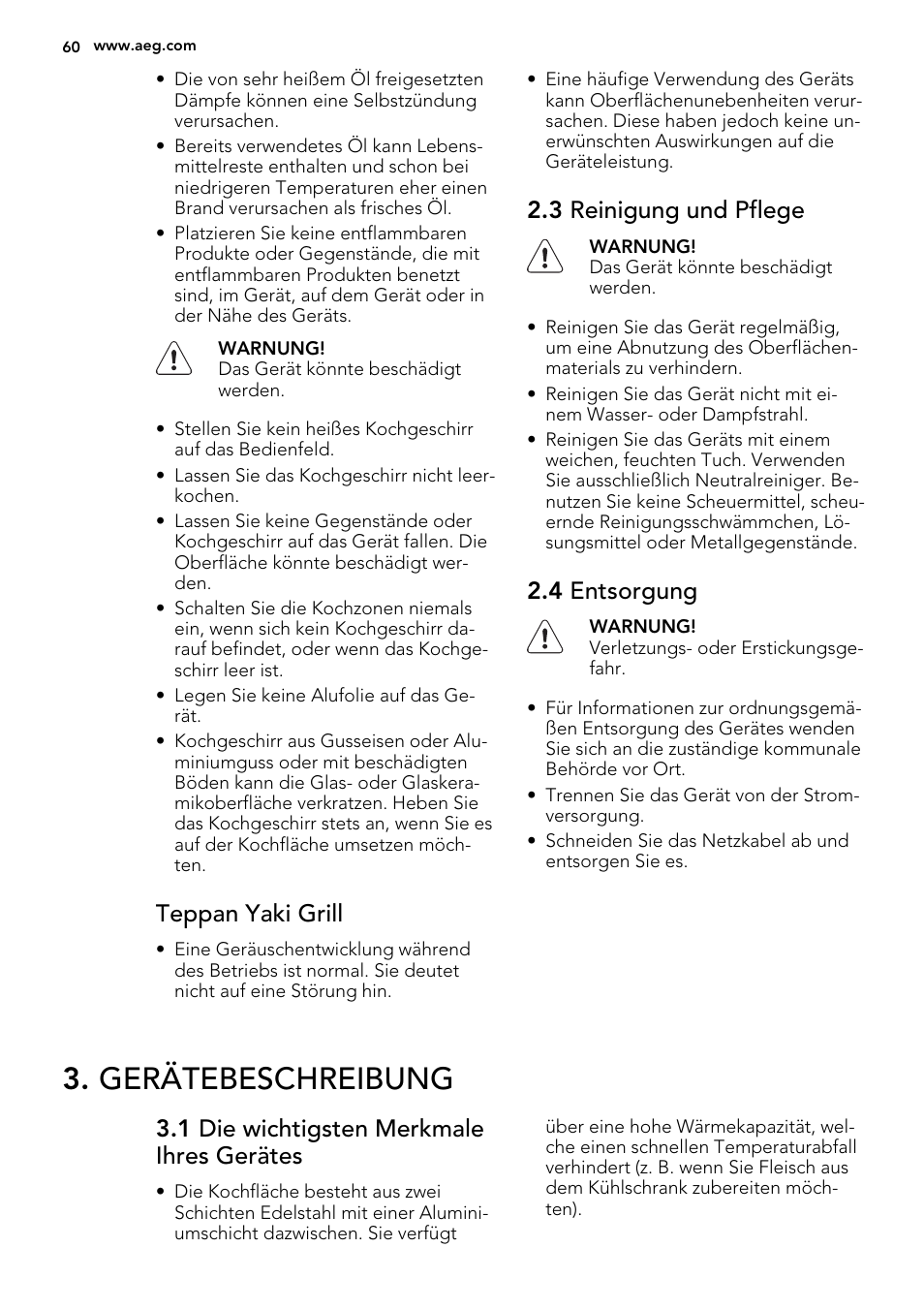 Gerätebeschreibung, Teppan yaki grill, 3 reinigung und pflege | 4 entsorgung, 1 die wichtigsten merkmale ihres gerätes | AEG HC452600EB User Manual | Page 60 / 76