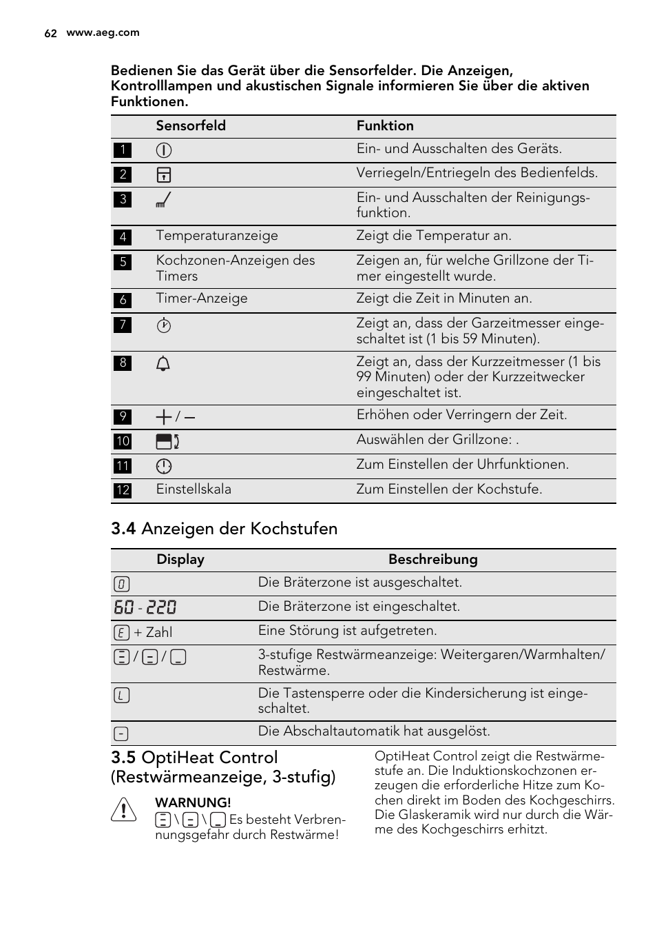 4 anzeigen der kochstufen, 5 optiheat control (restwärmeanzeige, 3-stufig) | AEG HC452600EB User Manual | Page 62 / 76