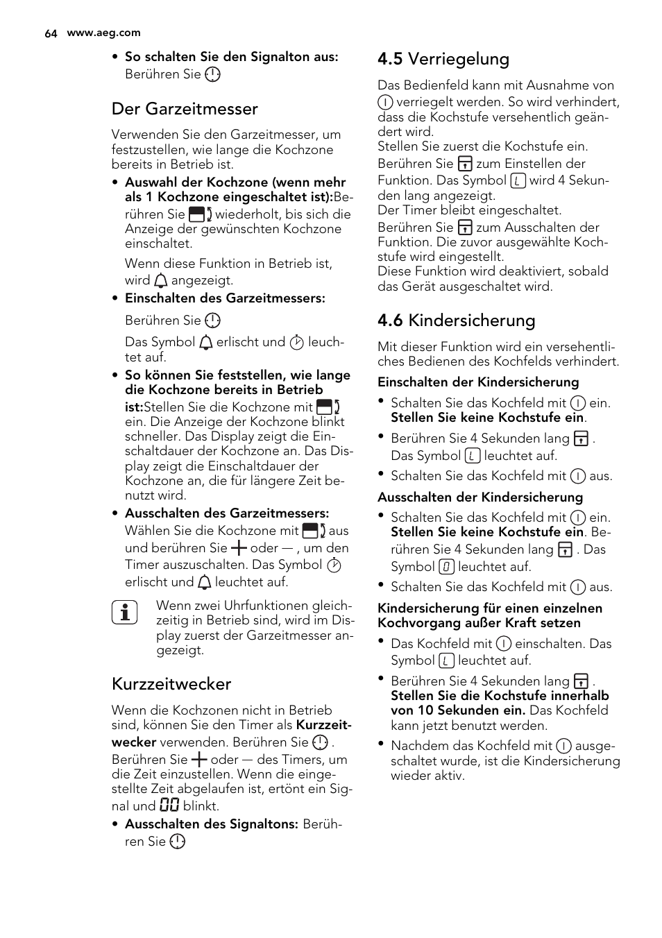 Der garzeitmesser, Kurzzeitwecker, 5 verriegelung | 6 kindersicherung | AEG HC452600EB User Manual | Page 64 / 76