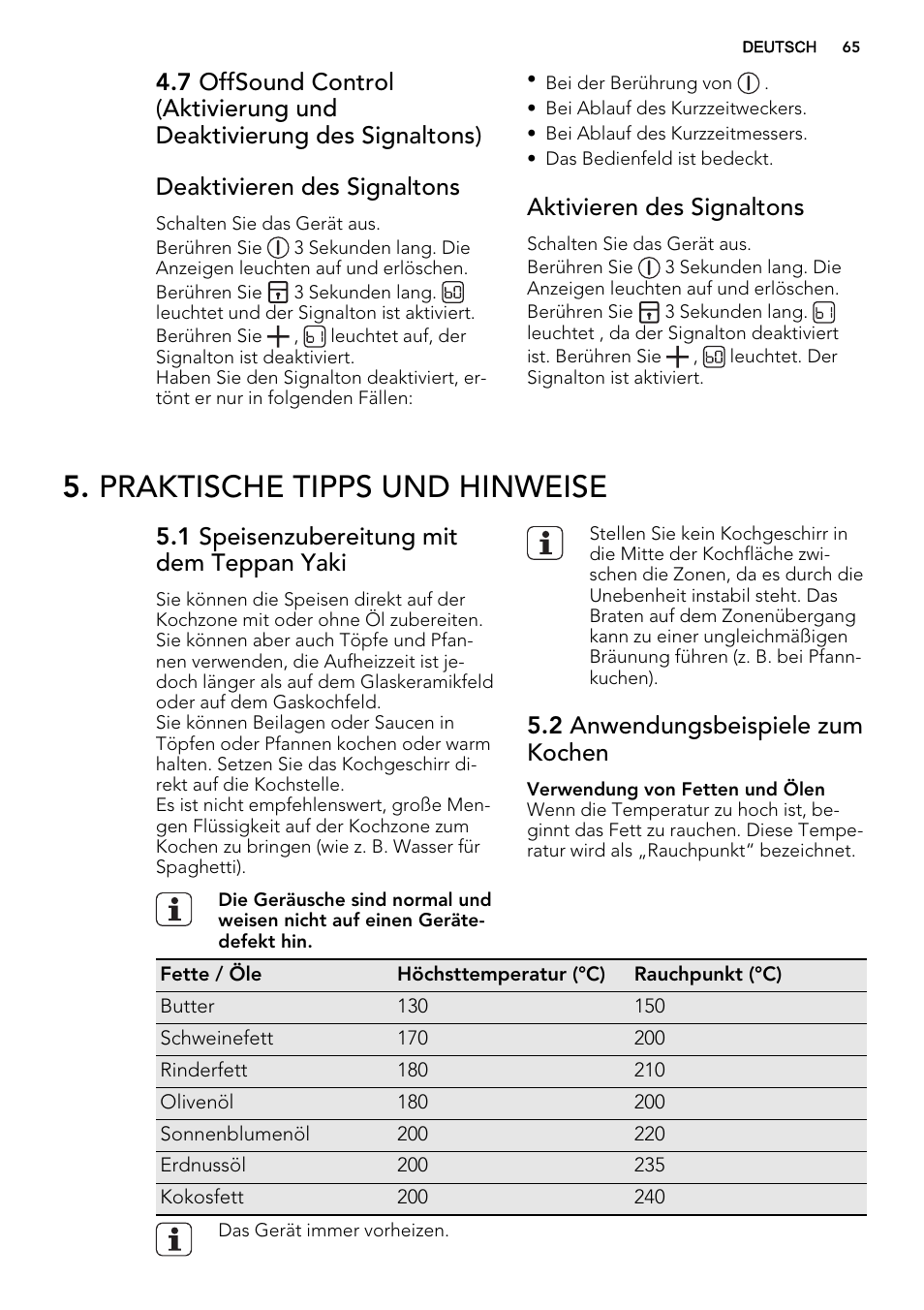 Praktische tipps und hinweise, Aktivieren des signaltons, 1 speisenzubereitung mit dem teppan yaki | 2 anwendungsbeispiele zum kochen | AEG HC452600EB User Manual | Page 65 / 76