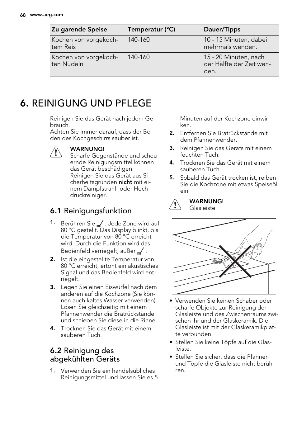 Reinigung und pflege, 1 reinigungsfunktion, 2 reinigung des abgekühlten geräts | AEG HC452600EB User Manual | Page 68 / 76