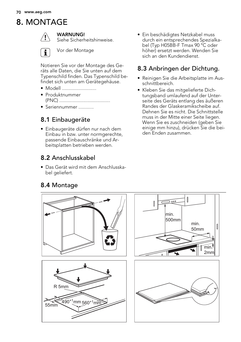 Montage, 1 einbaugeräte, 2 anschlusskabel | 3 anbringen der dichtung, 4 montage | AEG HC452600EB User Manual | Page 70 / 76