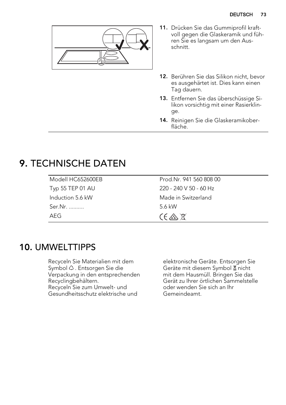 Technische daten, Umwelttipps | AEG HC452600EB User Manual | Page 73 / 76