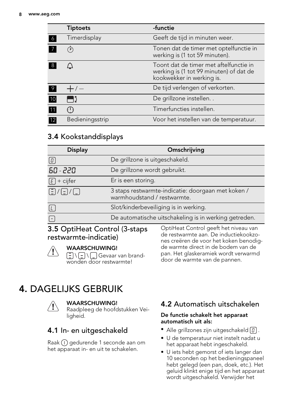 Dagelijks gebruik, 4 kookstanddisplays, 5 optiheat control (3-staps restwarmte-indicatie) | 1 in- en uitgeschakeld, 2 automatisch uitschakelen | AEG HC452600EB User Manual | Page 8 / 76