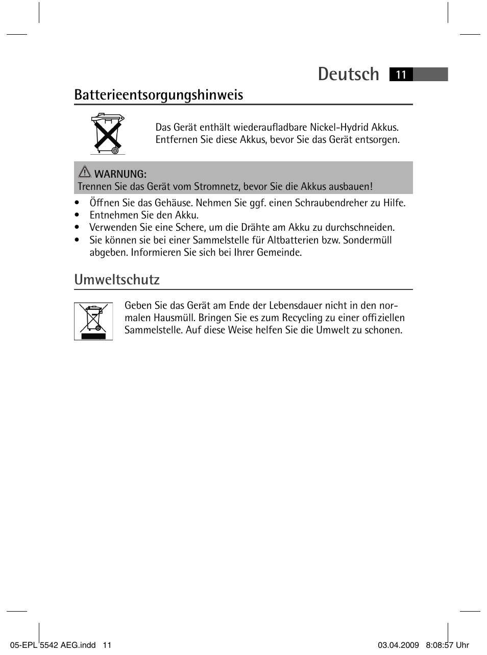 Deutsch, Batterieentsorgungshinweis, Umweltschutz | AEG EPL 5542 User Manual | Page 11 / 78