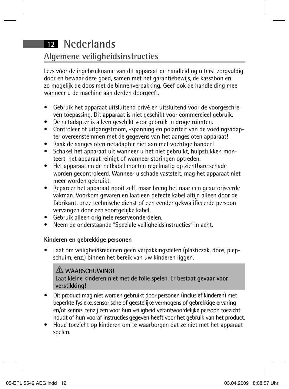 Nederlands, Algemene veiligheidsinstructies | AEG EPL 5542 User Manual | Page 12 / 78