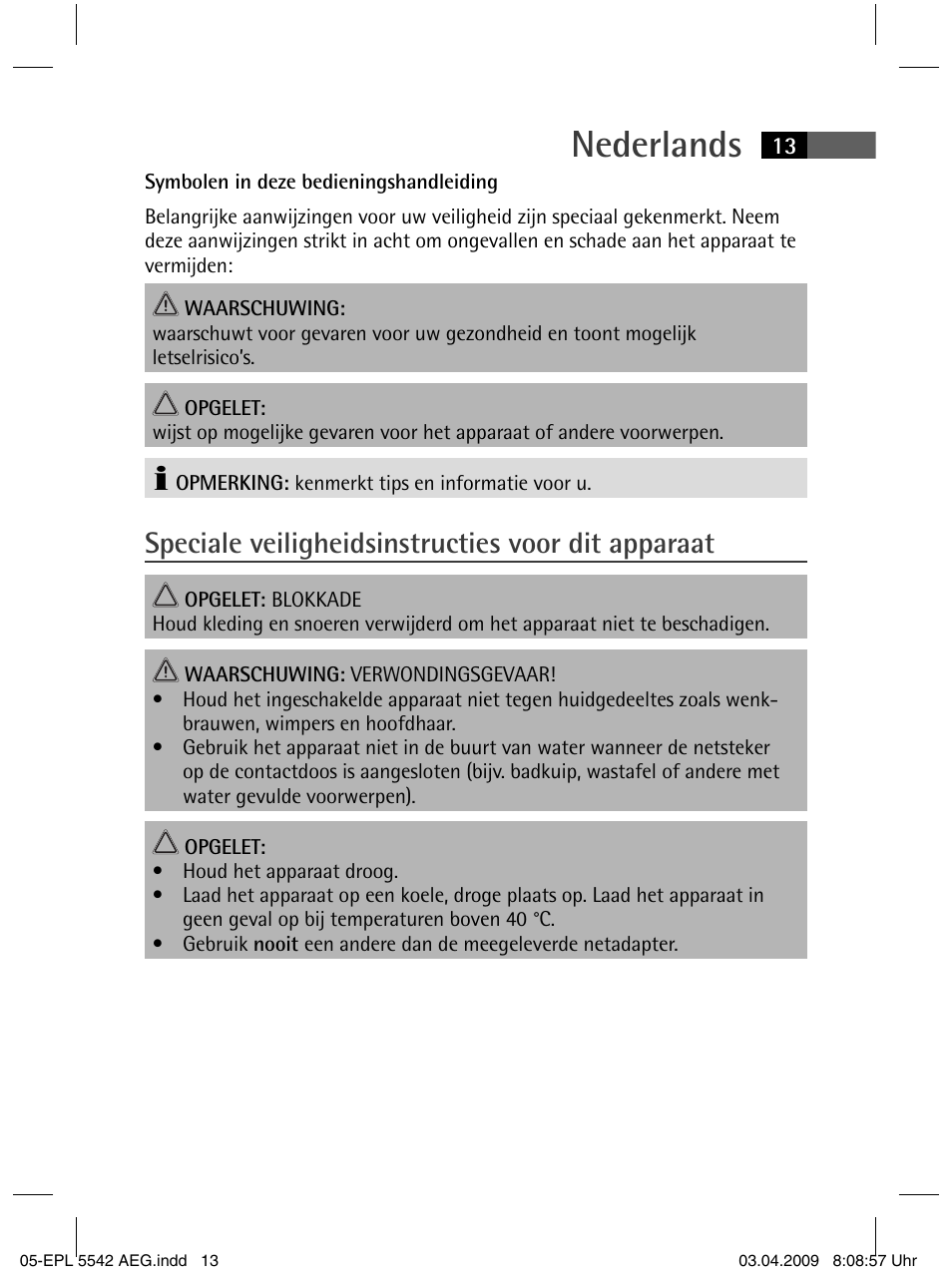 Nederlands, Speciale veiligheidsinstructies voor dit apparaat | AEG EPL 5542 User Manual | Page 13 / 78
