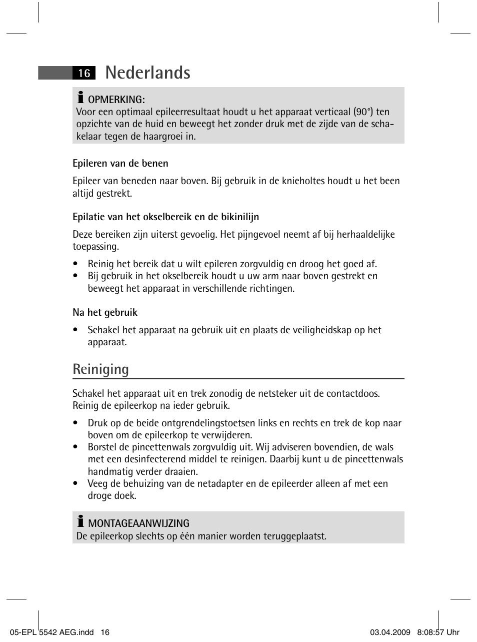 Nederlands, Reiniging | AEG EPL 5542 User Manual | Page 16 / 78