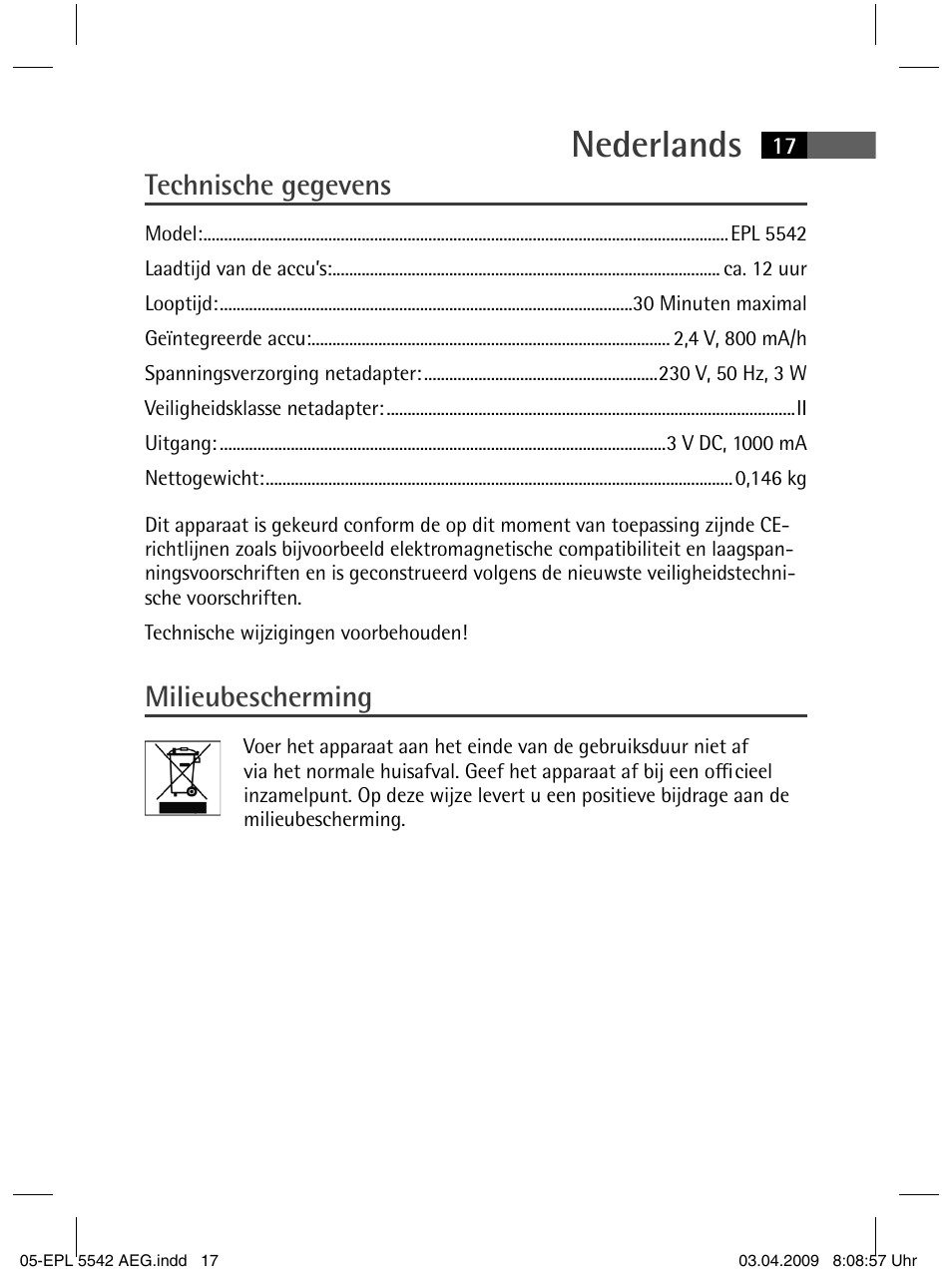 Nederlands, Technische gegevens, Milieubescherming | AEG EPL 5542 User Manual | Page 17 / 78