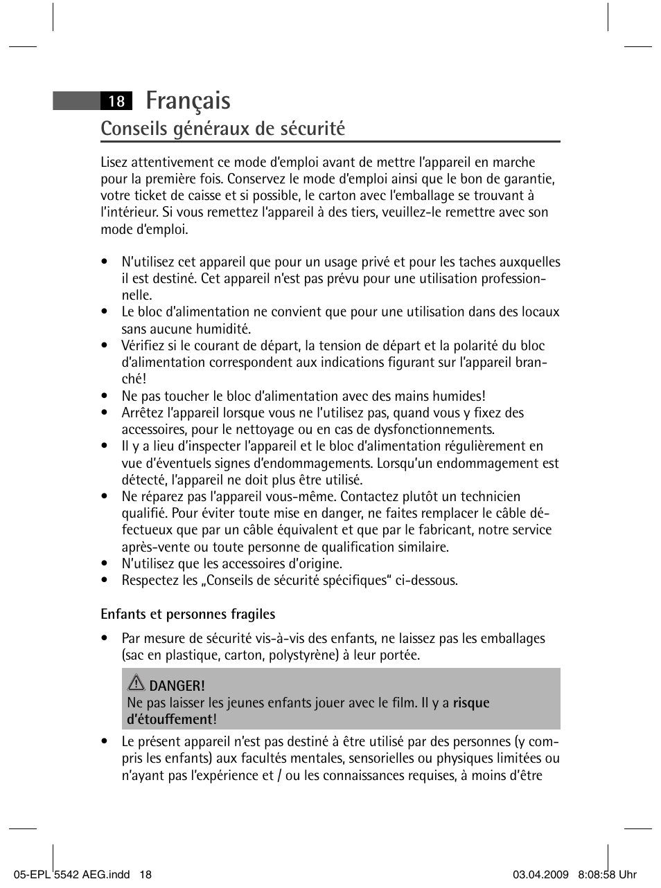 Français, Conseils généraux de sécurité | AEG EPL 5542 User Manual | Page 18 / 78