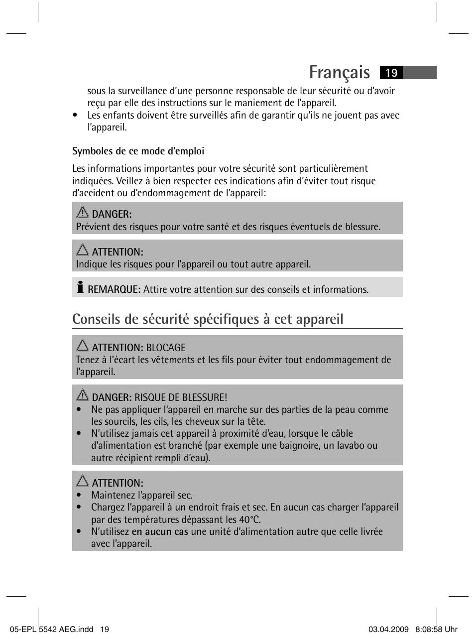 Français, Conseils de sécurité spécifi ques à cet appareil | AEG EPL 5542 User Manual | Page 19 / 78