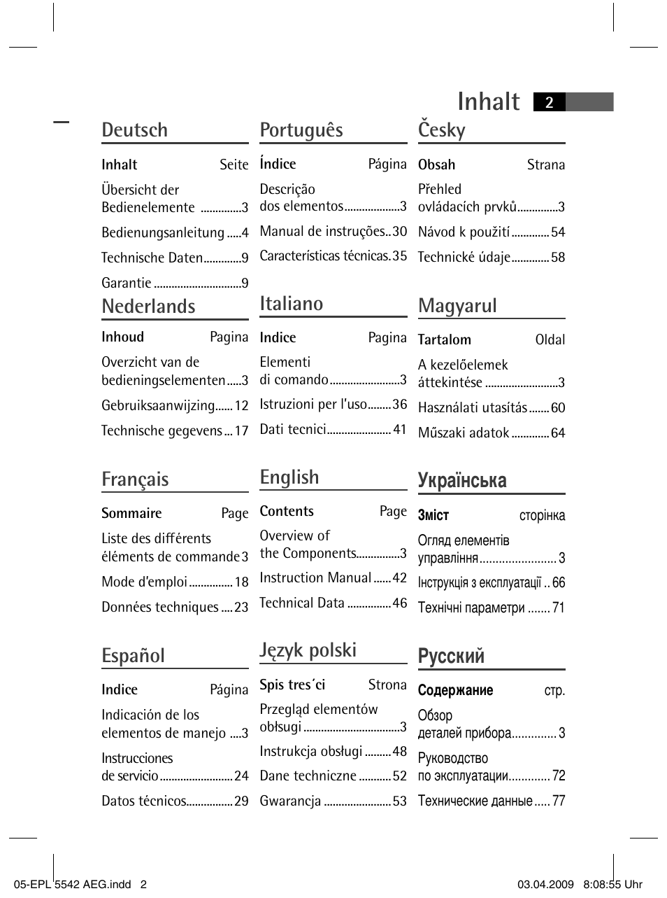 Inhalt, Deutsch, Nederlands | Français, Español, Português, Italiano, English, Język polski, Česky | AEG EPL 5542 User Manual | Page 2 / 78
