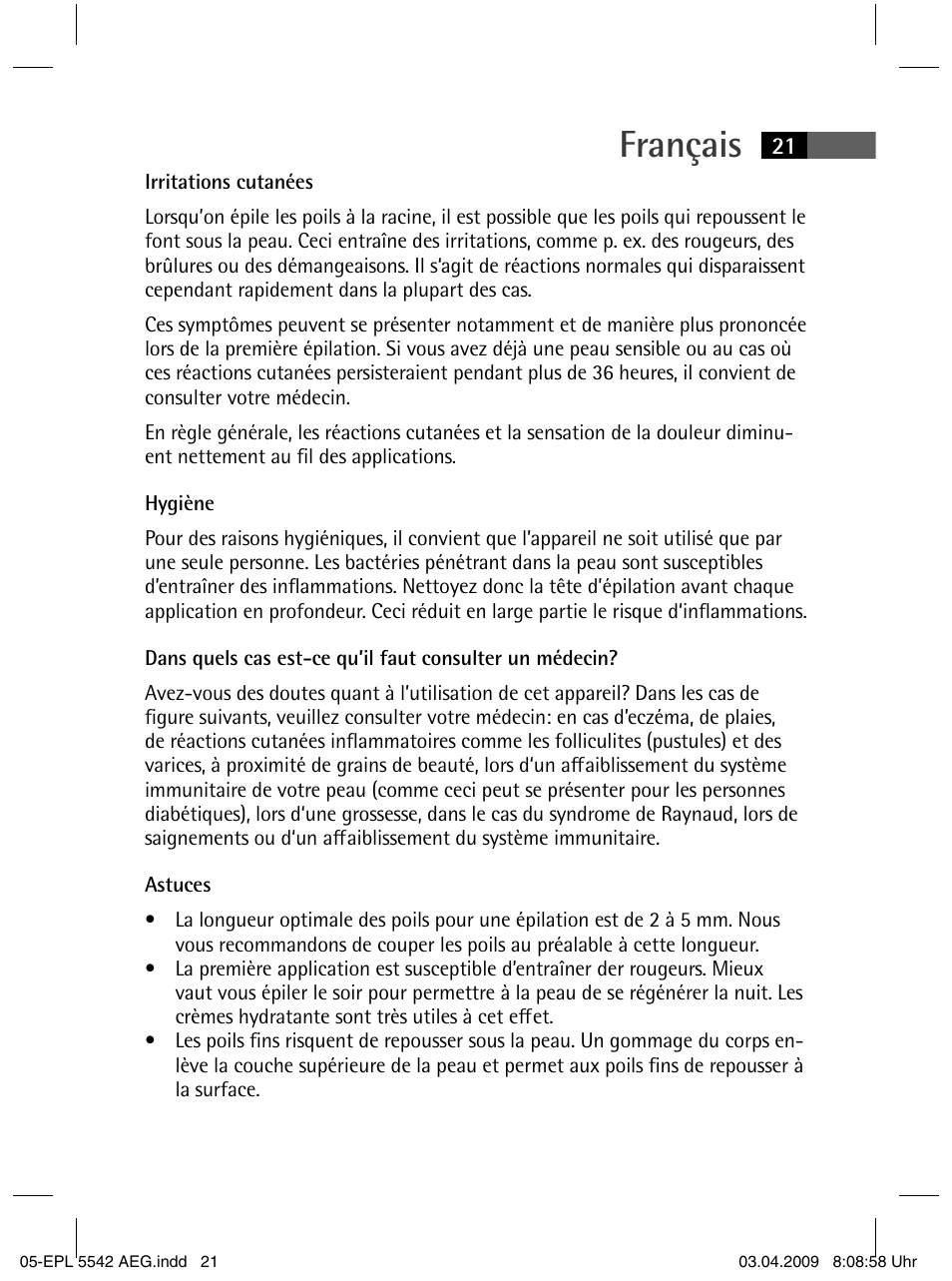 Français | AEG EPL 5542 User Manual | Page 21 / 78