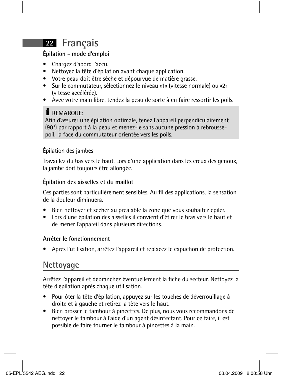 Français, Nettoyage | AEG EPL 5542 User Manual | Page 22 / 78