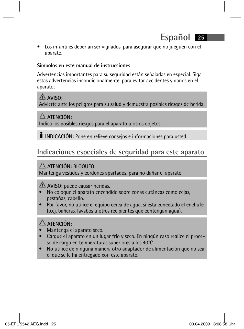 Español | AEG EPL 5542 User Manual | Page 25 / 78