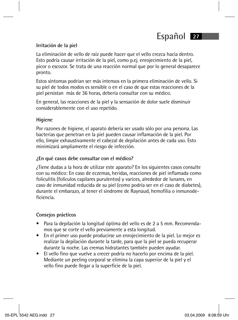 Español | AEG EPL 5542 User Manual | Page 27 / 78