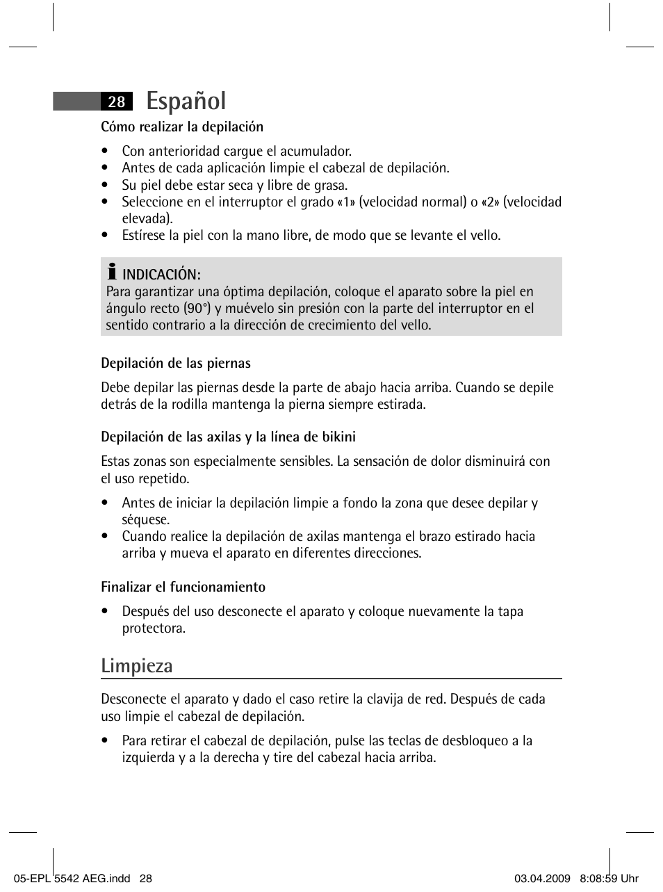 Español, Limpieza | AEG EPL 5542 User Manual | Page 28 / 78