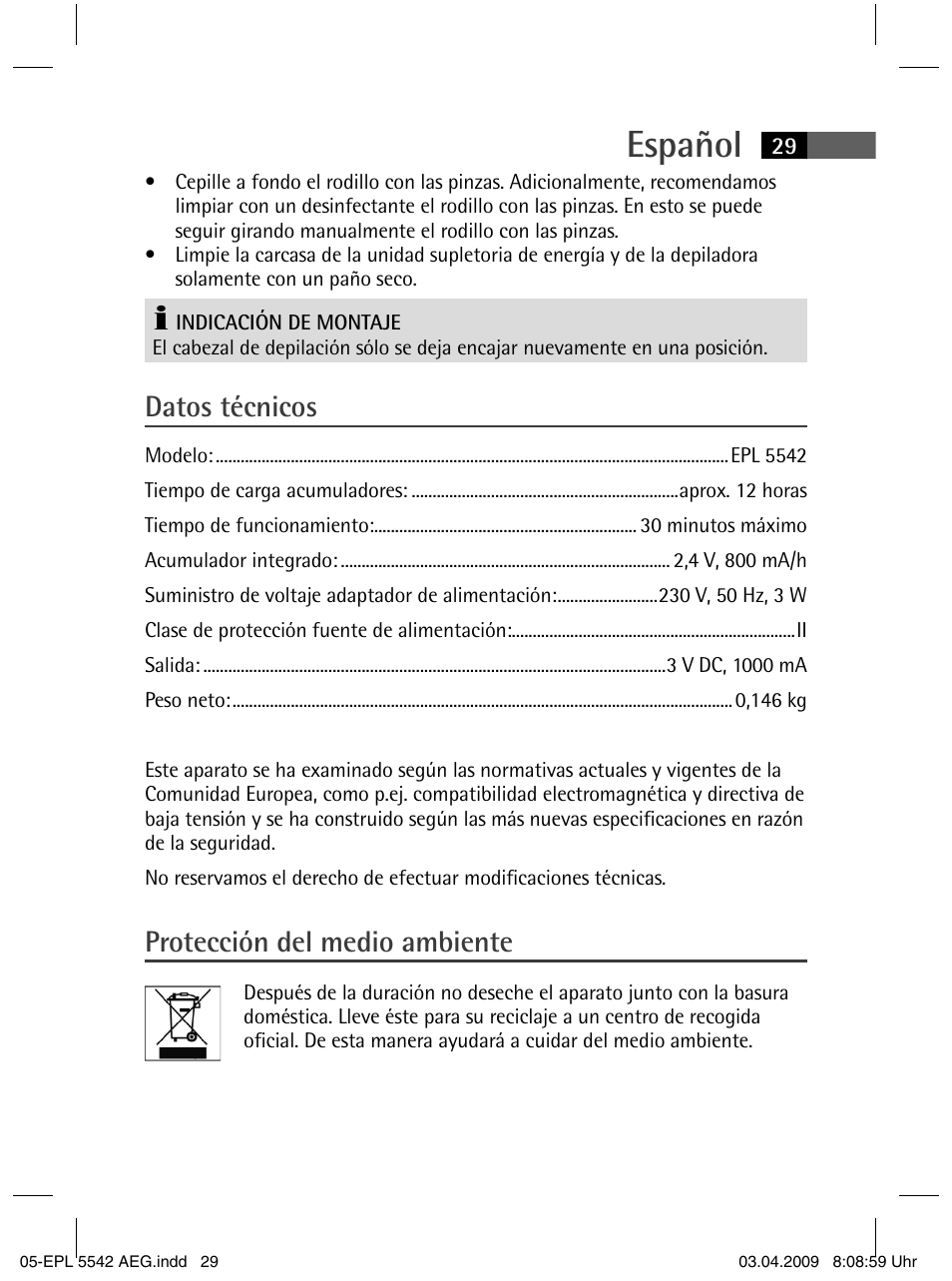 Español, Datos técnicos, Protección del medio ambiente | AEG EPL 5542 User Manual | Page 29 / 78