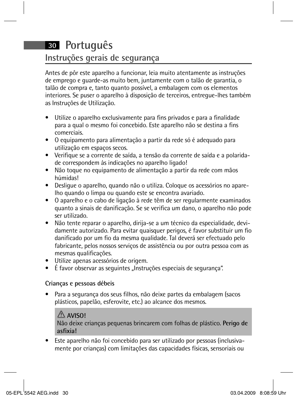 Português, Instruções gerais de segurança | AEG EPL 5542 User Manual | Page 30 / 78